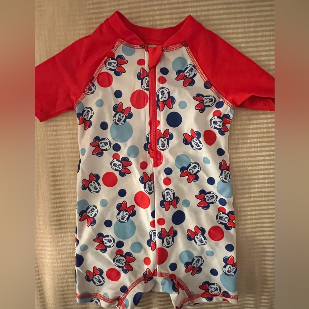Disney Minnie Mouse Swimming rash gaurd UV Sun protection Short Sleeve Red White